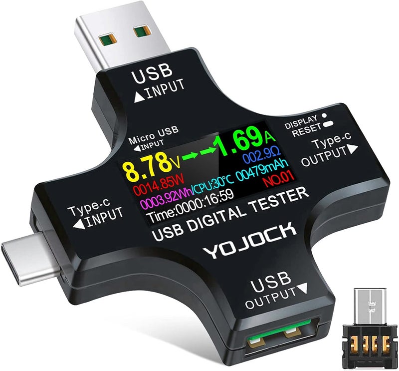 YOJOCK جهاز اختبار USB C مقياس الطاقة 2 في 1 مقياس متعدد رقمي 3.6-32 فولت 0-8.0 أمبير اختبار الجهد والتيار، مقياس فولتية نوع C سعة البطارية مقياس الأمبير كاشف شاحن كابل USB - Image 1